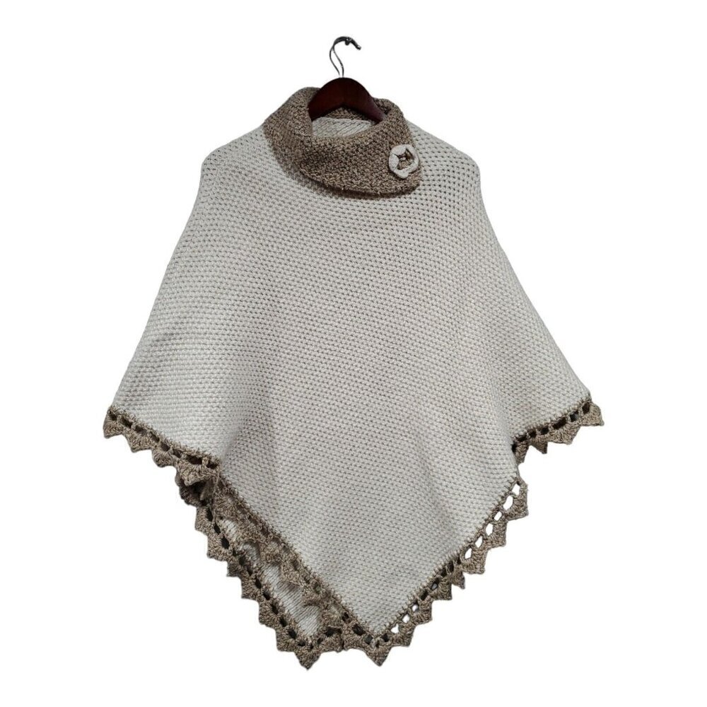 Handmade Women's Cream & Tan Collared Cable Knit Sweater Poncho Flower One Size